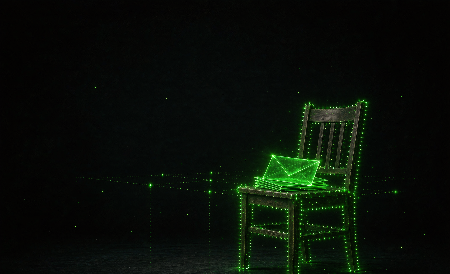 An empty chair traced in green dots, a glowing unsent letter on its seat